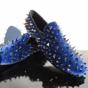 Harpelunde Men's Blue Velvet Slip On Loafers With Gold Spikes Size 10 NWOB